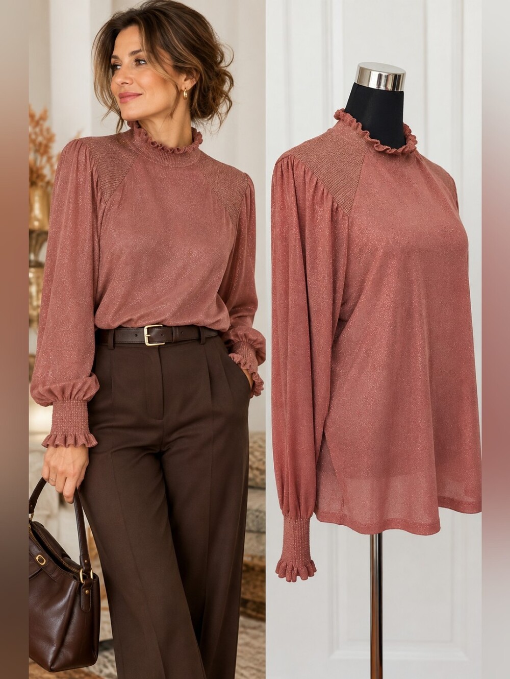 MOS MOSH Blouse L Dusty Rose Ruffle Neck Cuffs Long Sleeve